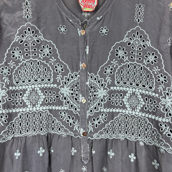 Johnny Was Floral Embroidered Henley Tunic Top Bohemian Blue Sz S Eyelet - Picture 5 of 10